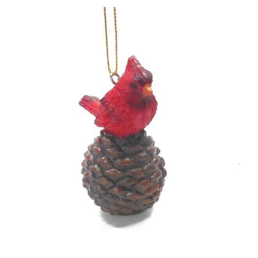 Midwest Red Cardinal Christmas Ornament  on a Brown Pine Cone Resin Realistic